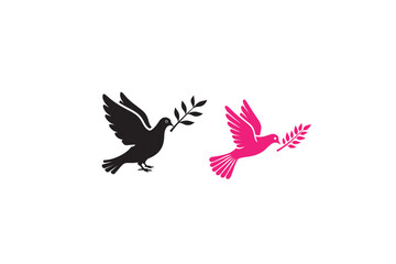 Obraz premium Two flying dove birds silhouettes holding olive branch as symbol of peace and hope in black and pink