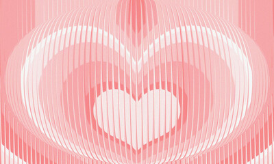 Abstract soft pink 3D heart shape distorted through a vertical ribbed glass texture background