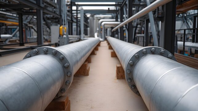 Two large industrial pipes extend parallel through a modern factory complex highlighting infrastructure for transport and manufacturing processes