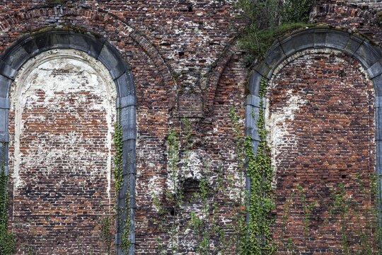 Ruin of the former abbey of Aulne, Abbay d'Aulne, close-up, near Thuin, province of Hainaut, Belgium