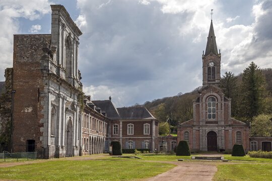 Former Aulne Abbey, Abbay d'Aulne, with Saint Joseph Church near Thuin, Hainaut Province, Belgium