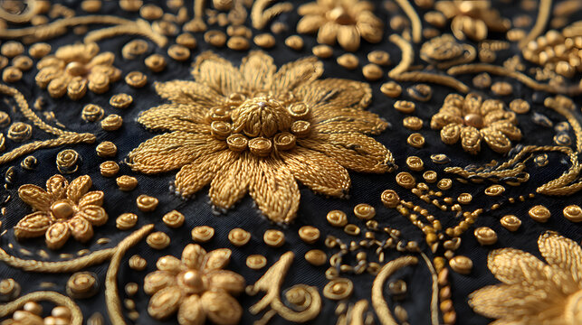 Detailed Zardozi gold floral embroidery with metallic threads on black silk fabric featuring intricate hand-stitched patterns