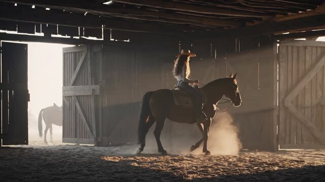 Girl rider wearing cowboy hat guides horse slowly across dusty barn floor as sunlight breaks through wooden slats. Equestrian calm fills rustic farm moment, where riding echoes softly through shadows.