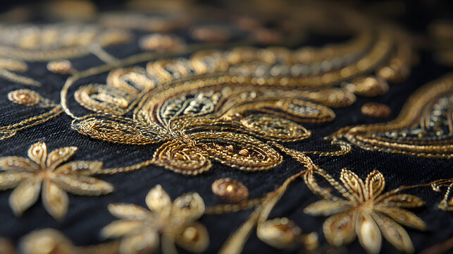 Detailed Macro Shot of Intricate Gold Embroidery Featuring Traditional Paisley and Floral Patterns on Black Fabric