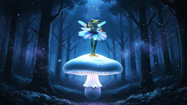Enchanted Forest Fairy on Glowing Mushroom at Night, Mystical Woodland Scene.
