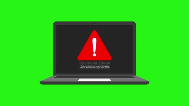 Laptop technical error alert icon animation on green screen. Cyber warning concept