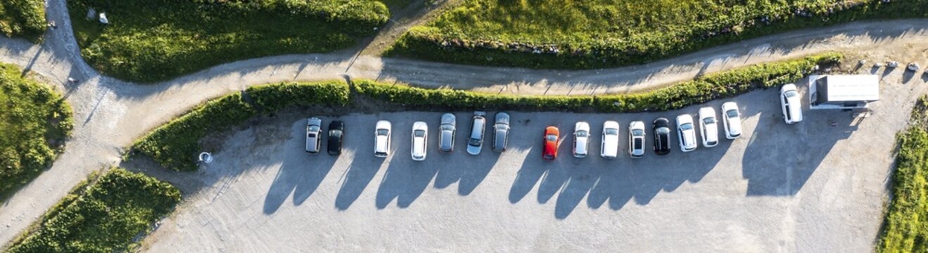 Parked cars, car park from above, aerial view, Austria