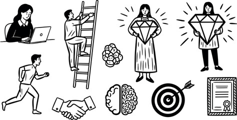 Obraz premium Monochrome line art businesswoman typing on laptop man climbing ladder holding handshake brain target certificate icons