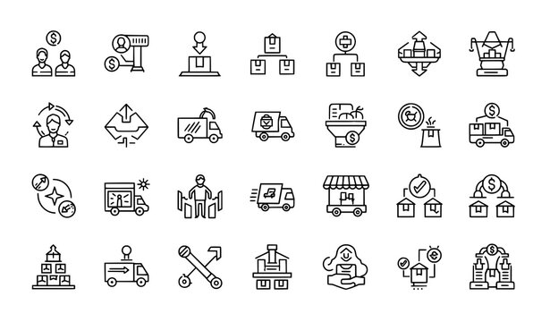 Value chain and commerce outline icon collection