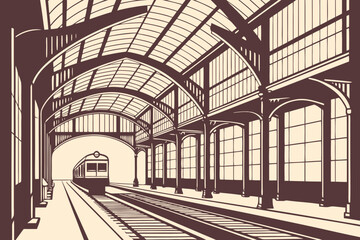 Obraz premium Vintage train station platform with a classic locomotive awaiting passengers for a journey.