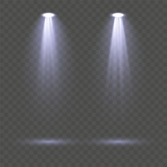 Creative collection of bright blue lighting spot sources including stage spotlights, floodlight beams and atmospheric rays isolated on transparent background ideal for concert visuals and abstract vec