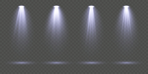 Set of blue spotlights with powerful illumination beams and diffused radiant rays isolated on transparent background perfect for dramatic stage lighting design, presentation highlights and professiona