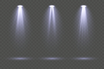 Collection of bright blue scene illumination effects with realistic stage spotlights, glowing blue beams and soft atmospheric rays isolated on transparent background ideal for concert lighting, theate