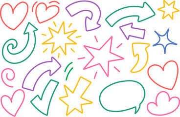 Colorful Hand Drawn Doodle Shapes Set with Hearts, Arrows, Stars and Speech Bubble