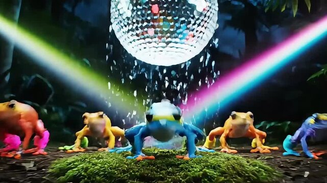 Five Colorful Frogs Dancing Under a Disco Ball in a Vibrant Jungle Setting.