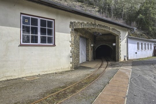Miners' transportation railway leading to mine gallery, Rammelsberg mine site, Goslar, Harz, Lower-Saxony, Germany