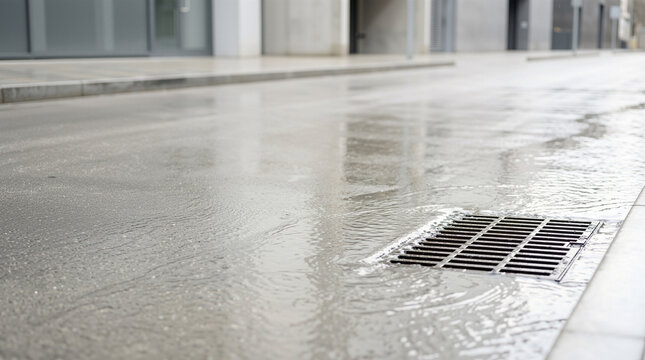 Water runoff flowing into storm drain on wet urban street  