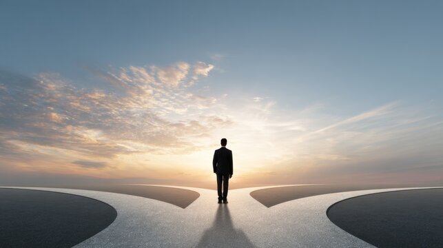 A businessman stands at a fork in the road, looking towards the horizon as the sun sets. He appears deep in thought, reflecting on important life decisions and career options.