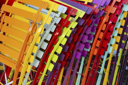 Colourful folding chairs, Paris, France