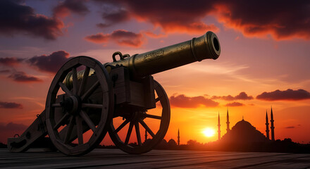 Ramadan Iftar cannon silhouette against dramatic sunset sky with mosque view