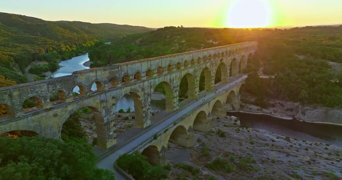 Aerial view of the roman bridge Pont du Gard and the Gardon river, Resmoulins, Gard, Occitania, France