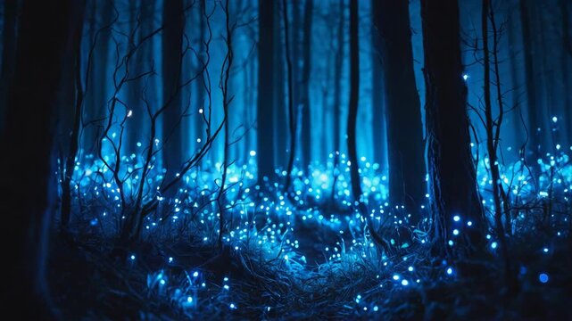 Video A dense forest filled with thousands of blue lights creating an otherworldly atmosphere