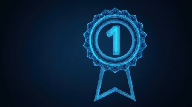 Digital Blue Award Ribbon with Number One on Dark Background for Recognition and Achievement Concepts