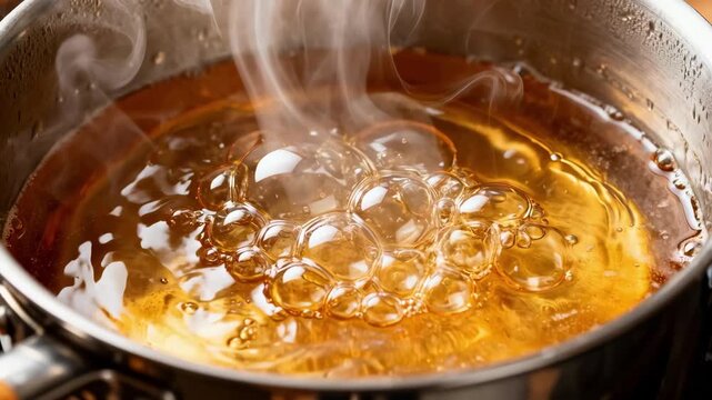 Medium shot of an open hard candy cooking kettle with visible steam rising capturing the dynamic boiling process and the intricate details of syrup consistency.
