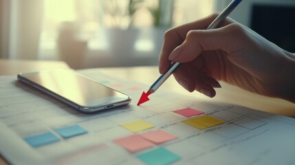 Hand writing on calendar with colorful sticky notes and smartphone for schedule planning