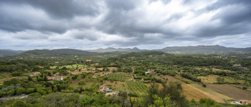 View from Calvary on hilly landscape around Art&aacute;, Majorca, Balearic Islands, Spain