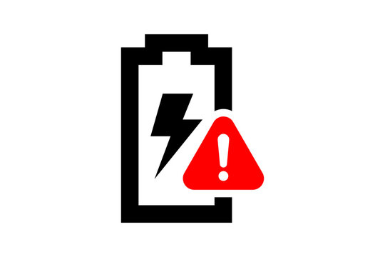Half charged battery icon with red exclamation mark warning sign for critical energy level alert and power error isolated on transparent background for mobile device UI ux design.