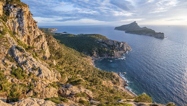 View of mountains and coast with sea, in the evening light, hiking to La Trapa from Sant Elm, at the back island Sa Dragonera, Serra de Tramuntana, Majorca, Spain