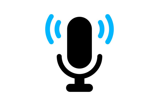 Black microphone icon with blue signal waves for live audio broadcasting and voice recording status isolated on transparent background for podcasting and communication apps.