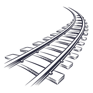 A detailed illustration of a curved railway track with sleepers and rails