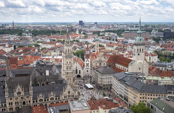 View over Munich, Marienplatz with Old and New Town Hall, Holy Spirit Church and St. Peters Church, Munich, Bavaria, Germany