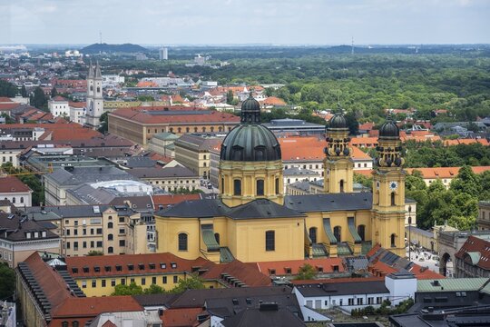 View over Munich, Theatine Church at Odeonsplatz, in the back church St. Ludwig at Ludwigsstra&szlig;e, Munich, Bavaria, Germany