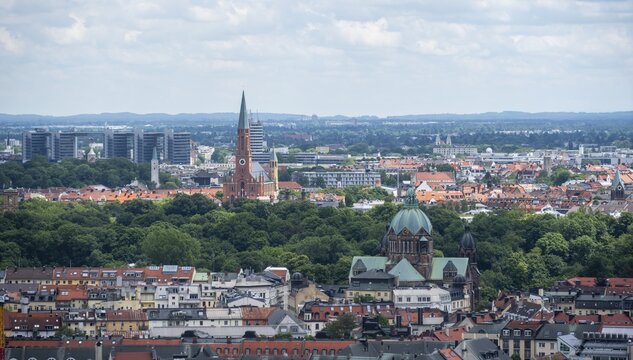 View over Munich, St. Lukes Church on the Isar River, behind St. Johns Church, Church of St. John Baptist in Haidhausen, Munich, Bavaria, Germany