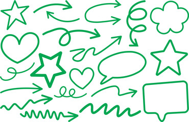 Green Hand Drawn Doodle Arrows, Hearts, Stars and Speech Bubbles Set