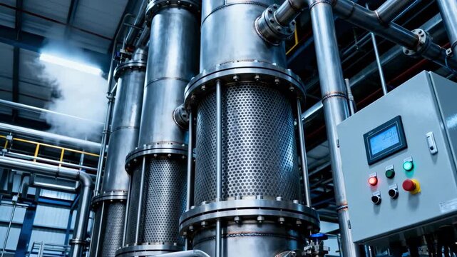 Medium shot of vertical crude oil refining columns processing vegetable oil in a multistage degumming and neutralization system with industrial piping and control panels.