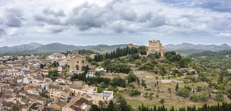 Aerial view, Arta with parish church Transfiguracio del Senyor and monastery Santuari de Sant Salvador at Calvary, Majorca, Balearic Islands, Spain