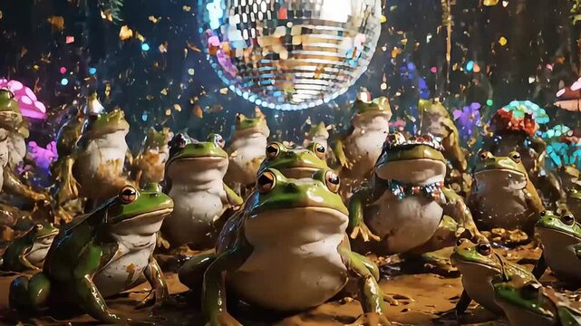 Frogs Having a Disco Party Under a Disco Ball in a Magical Forest.