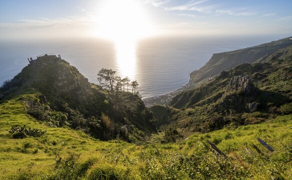 Greetings landscape in front of sea and coast, Miradouro da Raposeira viewpoint, Madeira, Portugal