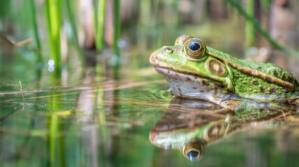 Close-up of a vibrant green frog resting in calm water, showcasing detailed skin texture and reflection in a serene natural environment.
