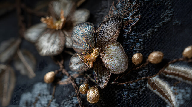 Close-up of intricate metallic floral embroidery on dark textured fabric with gold and silver thread