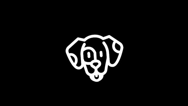 Simple white line art dog face icon on black background, minimalist design