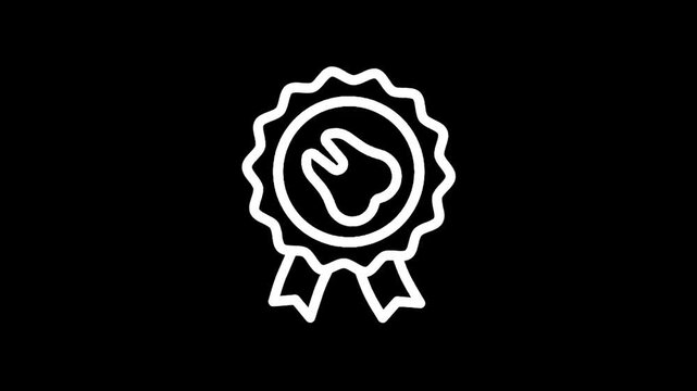 White tooth icon on a rosette award with ribbons on black background