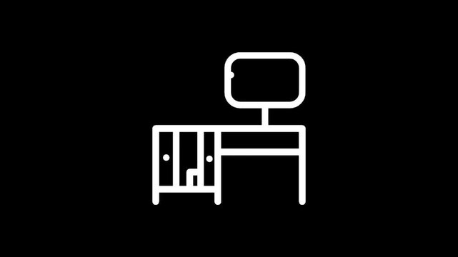 Minimalist white icon of a desk with a computer monitor and drawers on a black background