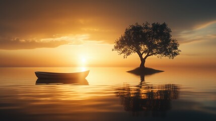 Serene Sunset Over Calm Water with Lone Tree and Boat