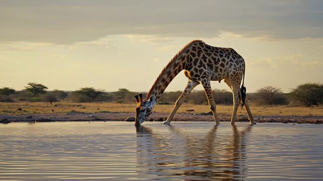 Giraffe drinking water at sunset in African savanna landscape with reflection in water