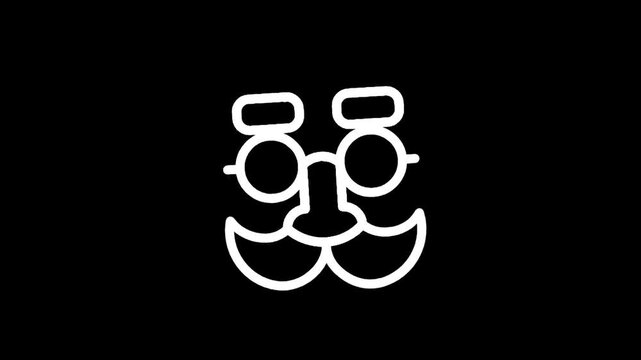 Minimalist white outline of a cartoon cat face with glasses and mustache on black